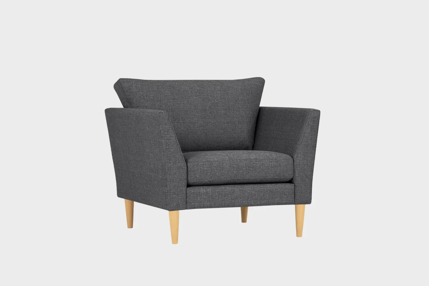 Tummanharmaa design nojatuoli tammenvärisillä puujaloilla.
