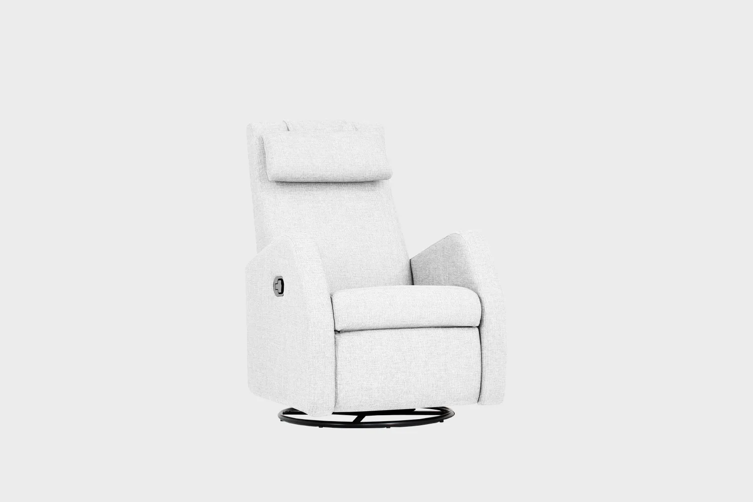 Mekanismituoli_F-10_72x83_Das50Light_Finsoffat F-10 recliner-mekanismituoli verhoiltuna vaalealla kankaalla ja keinumekanismilla, tuotekuva viistosti kuvattuna.