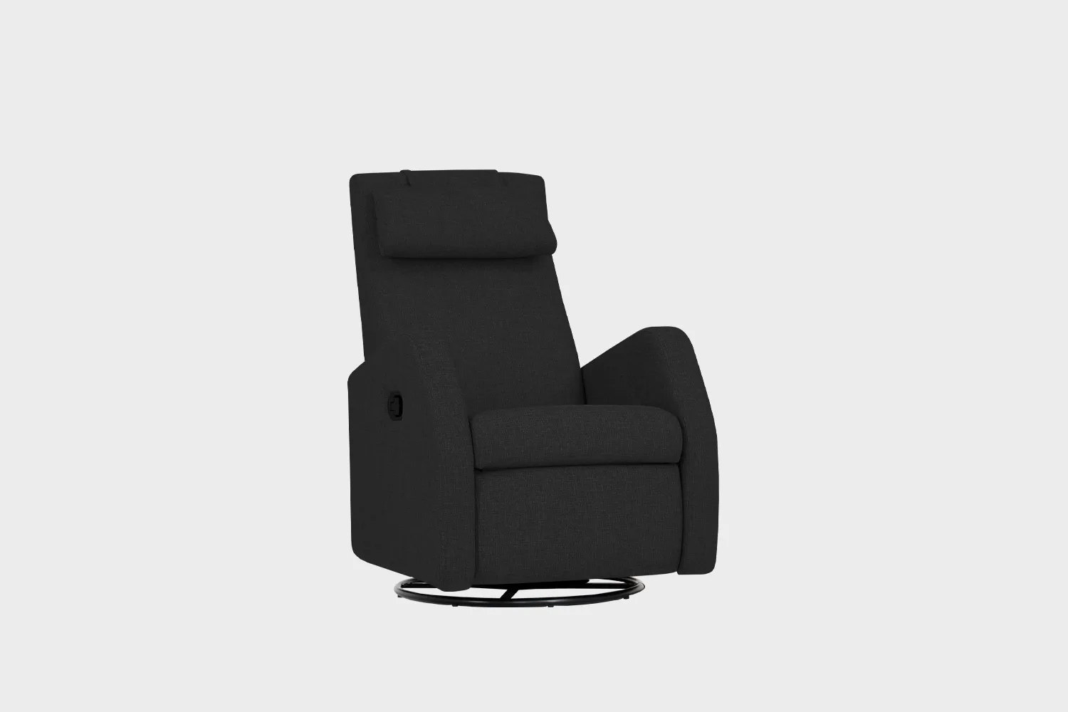 Mekanismituoli_F-10_72x83_Das55Black_Finsoffat F-10 recliner-mekanismituoli verhoiltuna mustalla kankaalla ja keinumekanismilla, tuotekuva viistosti kuvattuna.