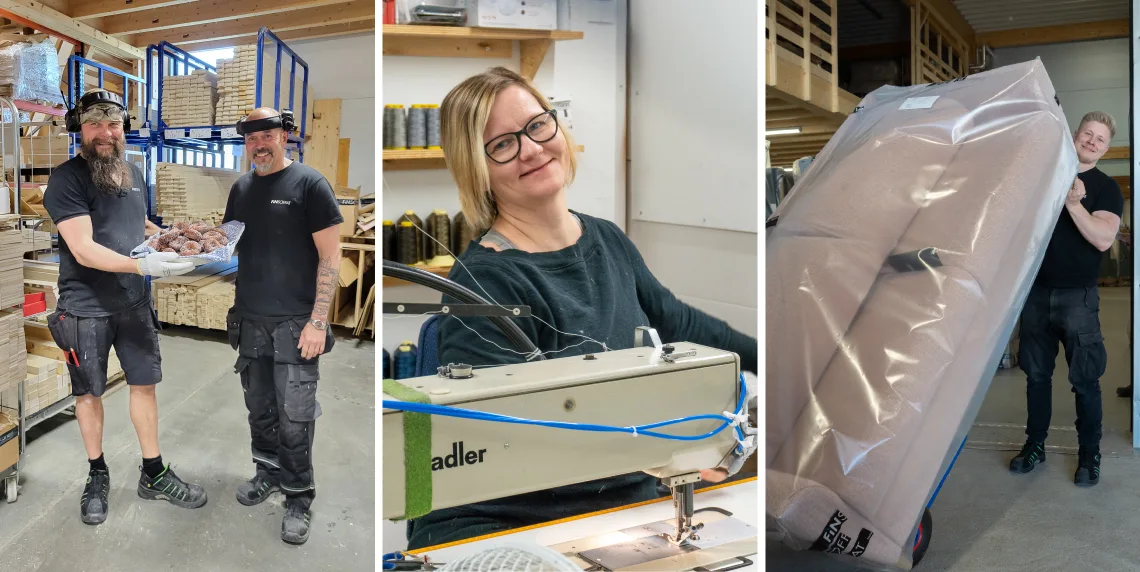 3 kuvan kollaasi, jossa ensimmäisessä Finsoffien puusepät pitelevät yhdessä kulhollista munkkeja, toisessa Finsoffien ompelija ja kolmannessa Finsoffien kuljettaja kannattelee sohvaa.